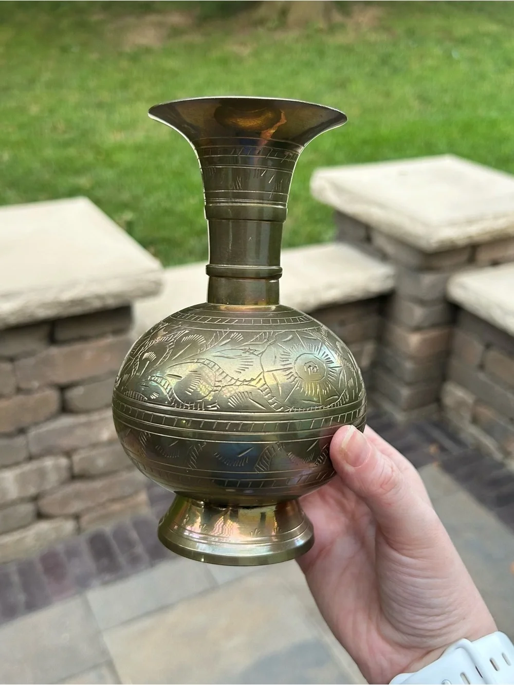 Vintage Engraved Solid Brass Vase